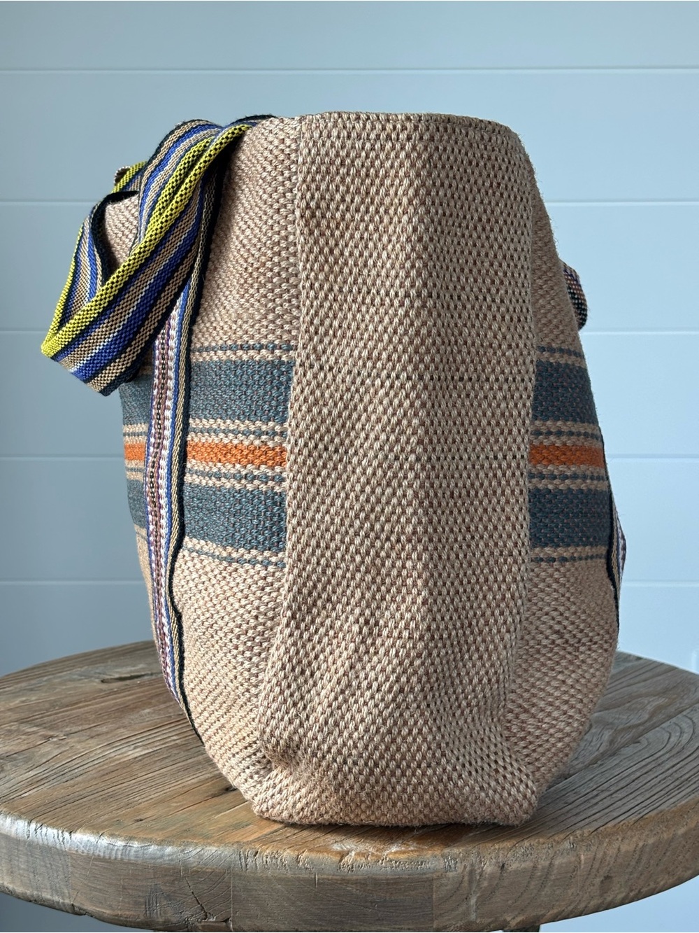 Maison Bengal Jute Club Tote Bag Shoulder Strap Handles Large Natural Tan Stripe - Picture 4 of 16